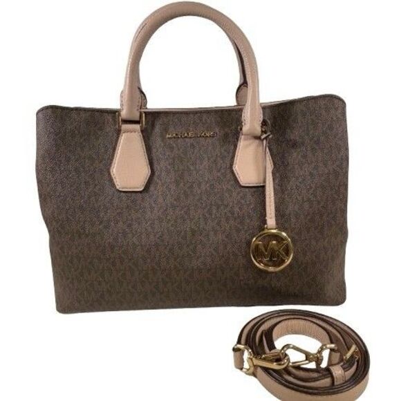 Michael Kors Camille Signature Logo & Leather Satchel Shoulder Bag Brown Pink - Picture 2 of 16